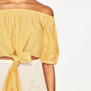 Zara off the shoulder yellow gingham tie top